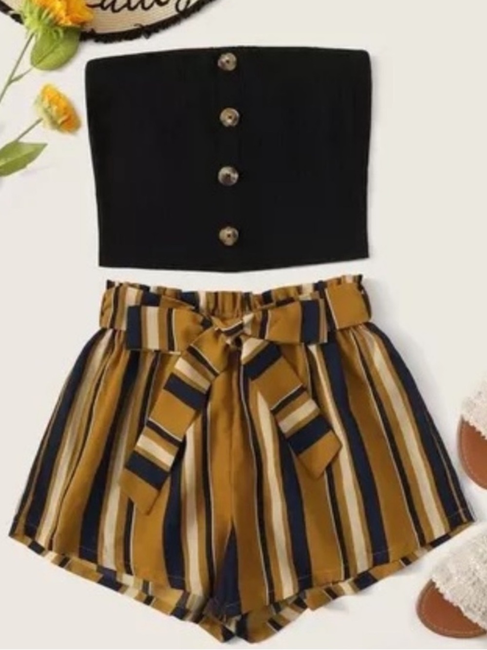 SHEIN Black Top with Mustard and Black Vertical-Stripe High Waist Shorts